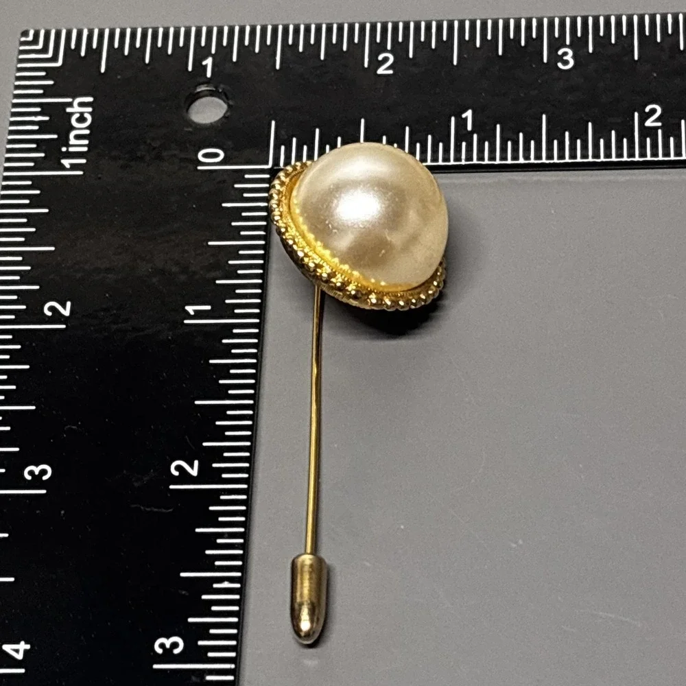 Gold Tone Faux Pearl Dome Stick Lapel Hat Pin Brooch Beaded‎ Costume Jewelry